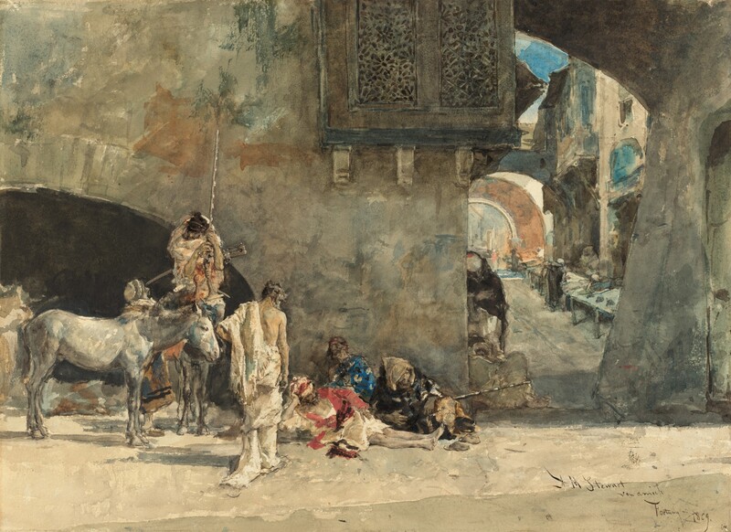 Seven men sit or stand in a town street in front of a bone-brown stucco building in this horizontal watercolor painting. Light pours across the road from the right, making the surface glow parchment white. The building is close to us and takes up the left two-thirds of the composition. Its face is flat except for a wide, deeply shadowed arch, which is about twice the height of the standing person, and a shallowly projecting structure that encases the second story of the corner. This structure is pierced to create intricate tracery and is supported by corbels. Three people sit or recline against the building façade in the middle of the composition. They wear tattered clothing in ivory white, scarlet red, ultramarine blue, beige, and black. Their skin is painted in tones of ash white, and they have beards. Their eyes appear to be closed. One man hunches over a long staff across his lap, and the head of another man rests back against the wall, his mouth downturned and eyebrows gathered. The reclining person’s bare legs stretch long, and his slippers lie near bare feet as he props his head in one hand. A fourth man is wrapped in white cloth and stands looking at the trio, facing away from us. A fifth man perches atop a donkey, swaddled in pale peach and white fabric and huddled around a long rifle braced upright in front of him. Now we realize that the long staff the other man held is also the barrel of a rifle. A second pale donkey stands in profile facing our left in front of the mounted man, who looks down at a man who returns his gaze as he stands behind that second donkey. In the right third of the watercolor is a view down an alley-like street spanned occasionally with arches or walkways. People man tables set out in front of the buildings there and others look at the wares. Another man swathed in black fabric huddles near the corner of the building. The artist inscribed and dated the lower right corner of the watercolor, “A M Stewart son ami Fortuny 1869.”