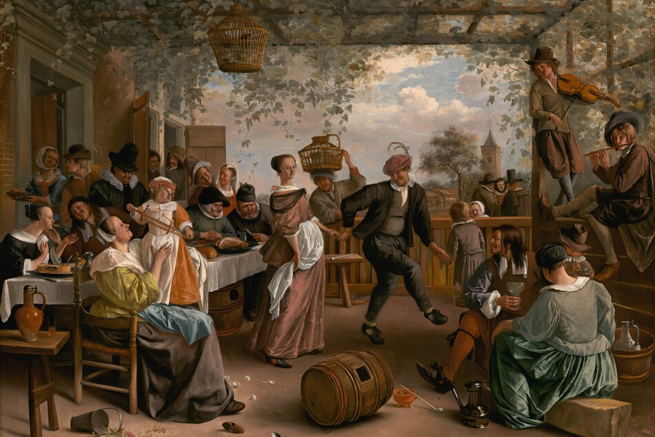 More than a dozen light-skinned men, women, and children eat, drink, talk, and make music around a dancing couple under an arbor in this horizontal painting. Most of the people are dressed in muted tones of green, gray, and black. The patio-like space is enclosed by a railing along the back and a half wall to our right. Sage-green vines and leaves covering the roof-like trellis hang down. Ten men and women sit or stand closely around a long table along the left, next to the exterior wall of a red brick building. A woman sitting in a wooden chair at the end of the table closest to us wears a flax-yellow gown with a wide white collar and a starched white cap. She smiles up at the child she braces in her lap. The child stands and holds a toy in both hands and looks over one shoulder to our right. The child wears a carrot-orange gown with a white pinafore. Two men lean out of open windows at the far end of the brick building, and the people along the table drink, smile, or look on as a man in the center leads a woman by the hand to an open spot under the arbor. He wears a charcoal-gray suit, and a muted pink cap is pulled low over his eyes. He has a long, hooked nose, and light glints off teeth in his smiling mouth. The woman is pulled behind the man, so she stands flat-footed to our left of him. She faces our right but turns to looks at us from the corners of her dark eyes. Her light brown hair is gathered at the back of her head under a pearl-lined covering. She wears a dusty rose-pink gown with a sheer black shawl around her shoulders and white apron at her waist. Beyond the back rail, a man smiles widely as he balances a covered basket containing a gray chicken with one hand on his head. Nearby, a boy on our side of the rail talks with a little girl across the railing, who smiles back. Two men and a woman wearing a black head covering talk a short distance away. Close to us, a man, woman, and child in the lower right corner sit near two young men perched on the half wall, one playing a violin and the other a flute. A gleaming pewter ewer, a wooden barrel with a square opening, a white pipe, a terracotta bowl, broken eggs, a spoon, and an overturned pail of flowers lie scattered across the foreground of the patio. The artist signed and dated the lower left, “JSteen. 1663,” with the J and S overlapping.