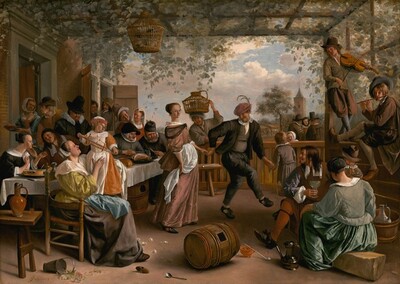 More than a dozen light-skinned men, women, and children eat, drink, talk, and make music around a dancing couple under an arbor in this horizontal painting. Most of the people are dressed in muted tones of green, gray, and black. The patio-like space is enclosed by a railing along the back and a half wall to our right. Sage-green vines and leaves covering the roof-like trellis hang down. Ten men and women sit or stand closely around a long table along the left, next to the exterior wall of a red brick building. A woman sitting in a wooden chair at the end of the table closest to us wears a flax-yellow gown with a wide white collar and a starched white cap. She smiles up at the child she braces in her lap. The child stands and holds a toy in both hands and looks over one shoulder to our right. The child wears a carrot-orange gown with a white pinafore. Two men lean out of open windows at the far end of the brick building, and the people along the table drink, smile, or look on as a man in the center leads a woman by the hand to an open spot under the arbor. He wears a charcoal-gray suit, and a muted pink cap is pulled low over his eyes. He has a long, hooked nose, and light glints off teeth in his smiling mouth. The woman is pulled behind the man, so she stands flat-footed to our left of him. She faces our right but turns to looks at us from the corners of her dark eyes. Her light brown hair is gathered at the back of her head under a pearl-lined covering. She wears a dusty rose-pink gown with a sheer black shawl around her shoulders and white apron at her waist. Beyond the back rail, a man smiles widely as he balances a covered basket containing a gray chicken with one hand on his head. Nearby, a boy on our side of the rail talks with a little girl across the railing, who smiles back. Two men and a woman wearing a black head covering talk a short distance away. Close to us, a man, woman, and child in the lower right corner sit near two young men perched on the half wall, one playing a violin and the other a flute. A gleaming pewter ewer, a wooden barrel with a square opening, a white pipe, a terracotta bowl, broken eggs, a spoon, and an overturned pail of flowers lie scattered across the foreground of the patio. The artist signed and dated the lower left, “JSteen. 1663,” with the J and S overlapping.