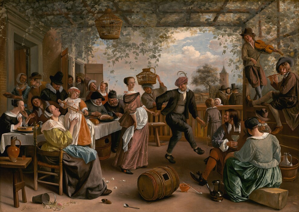 More than a dozen light-skinned men, women, and children eat, drink, talk, and make music around a dancing couple under an arbor in this horizontal painting. Most of the people are dressed in muted tones of green, gray, and black. The patio-like space is enclosed by a railing along the back and a half wall to our right. Sage-green vines and leaves covering the roof-like trellis hang down. Ten men and women sit or stand closely around a long table along the left, next to the exterior wall of a red brick building. A woman sitting in a wooden chair at the end of the table closest to us wears a flax-yellow gown with a wide white collar and a starched white cap. She smiles up at the child she braces in her lap. The child stands and holds a toy in both hands and looks over one shoulder to our right. The child wears a carrot-orange gown with a white pinafore. Two men lean out of open windows at the far end of the brick building, and the people along the table drink, smile, or look on as a man in the center leads a woman by the hand to an open spot under the arbor. He wears a charcoal-gray suit, and a muted pink cap is pulled low over his eyes. He has a long, hooked nose, and light glints off teeth in his smiling mouth. The woman is pulled behind the man, so she stands flat-footed to our left of him. She faces our right but turns to looks at us from the corners of her dark eyes. Her light brown hair is gathered at the back of her head under a pearl-lined covering. She wears a dusty rose-pink gown with a sheer black shawl around her shoulders and white apron at her waist. Beyond the back rail, a man smiles widely as he balances a covered basket containing a gray chicken with one hand on his head. Nearby, a boy on our side of the rail talks with a little girl across the railing, who smiles back. Two men and a woman wearing a black head covering talk a short distance away. Close to us, a man, woman, and child in the lower right corner sit near two young men perched on the half wall, one playing a violin and the other a flute. A gleaming pewter ewer, a wooden barrel with a square opening, a white pipe, a terracotta bowl, broken eggs, a spoon, and an overturned pail of flowers lie scattered across the foreground of the patio. The artist signed and dated the lower left, “JSteen. 1663,” with the J and S overlapping.