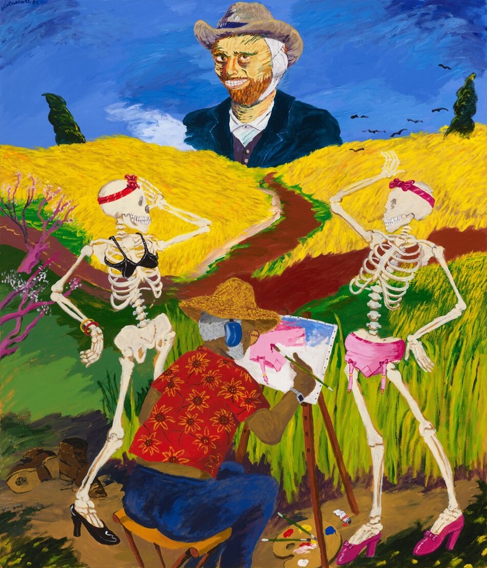 Painted with high-keyed, vivid color, a brown-skinned person sits painting in front of two skeletons posing in front of a wheatfield and the head and shoulders of Van Gogh in this stylized, surreal, vertical composition. The artist sits facing away from us with his knees angled to the right. He wears a wide-brimmed, straw hat, yellow-lensed glasses, a blue headphone over the ear we see, and has a light gray beard and hair. He wears a short-sleeved, red shirt patterned with sunflowers and cobalt-blue pants. He sits on a folding stool and leans away from us to paint on a canvas propped on an easel. A round palette and a tube of paint lie on the ground between the easel’s legs. The man tips forward to paint copy the pink underpants worn by one of the skeletons . Close to the painter, both skeletons stand with their bodies facing us, but they look in at each other. Their inside arms are raised, and those hands are held by their faces. The other hands float just above the hips. The skeleton on our right wears a carnation-pink foundation garment with garters, pink pumps, and a pink bow around the bare skull. The skeleton to the left wears a black bra, black pumps, a red bow on the skull, and a red and a yellow bracelet on one wrist. A pair of worn, brown boots pulled open with loose laces lies beyond this skeleton’s feet. One boot is tipped back to show a hole in the sole. Green and lemon-lime-colored grasses behind the skeletons give way to a terracotta brown and maroon-red, Y-shaped path. The long side of the Y spans the width of the painting, and the short leg winds into the distance between vivid, canary-yellow fields. Seven black birds fly low over the crops, and there is a conical dark green cypress tree near each edge of the canvas. The head and shoulders of Van Gogh loom in the sky as if he was peeking over the side of the world. His shoulders and face are angled to our left, but he looks at us with brown eyes and an exaggerated, unsettlingly wide, toothy smile. A bandage is wrapped around the side of his head, and he wears a brimmed hat, white shirt, purple vest, and dark blue jacket. A white area, perhaps smoke, rises along the back of the wheat but in front of Van Gogh’s right shoulder, to our left. The sky is painted with visible strokes in aquamarine, azure, and sapphire blue. The artist signed and dated the upper left corner, “R. Colescott 81.”