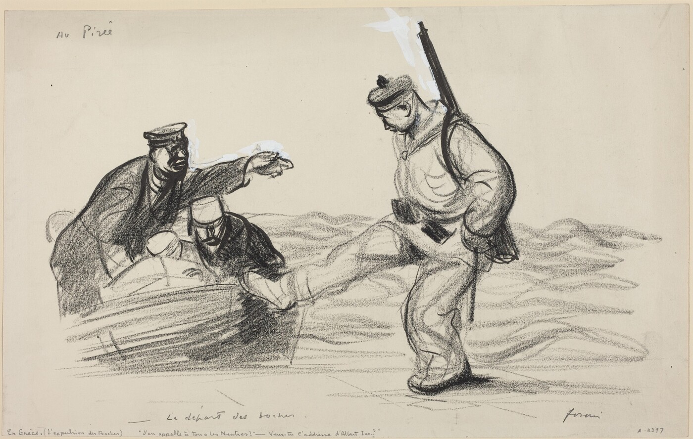 This is a drawing of a soldier expelling two men from a boat. The image features black and white shading and depicts a scene where a soldier is pushing away two distressed figures. The soldier is wearing a uniform with a cap and has a rifle slung over his shoulder. The drawing uses bold, expressive lines to convey movement and tension. The background shows water with wave outlines, suggesting the setting is on a boat. The drawing captures a moment of power and conflict.