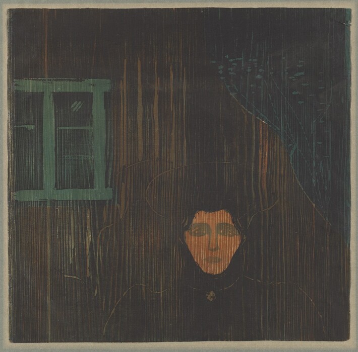 The image shows a person with only the upper part of their body visible. The individual is seated or standing upright, facing forward. Their facial features are lightly sketched, including dark eyes, a defined nose, and mouth, framed by dark hair. They wear a dark garment with a faint high collar, and a circular ornament or brooch at the neck. Vertical wood grain lines create a textured effect. To the left, there is a green-toned window with two panes, implying an interior setting. The background features dark tones, vertical striations, and scattered lines and dots in one corner.