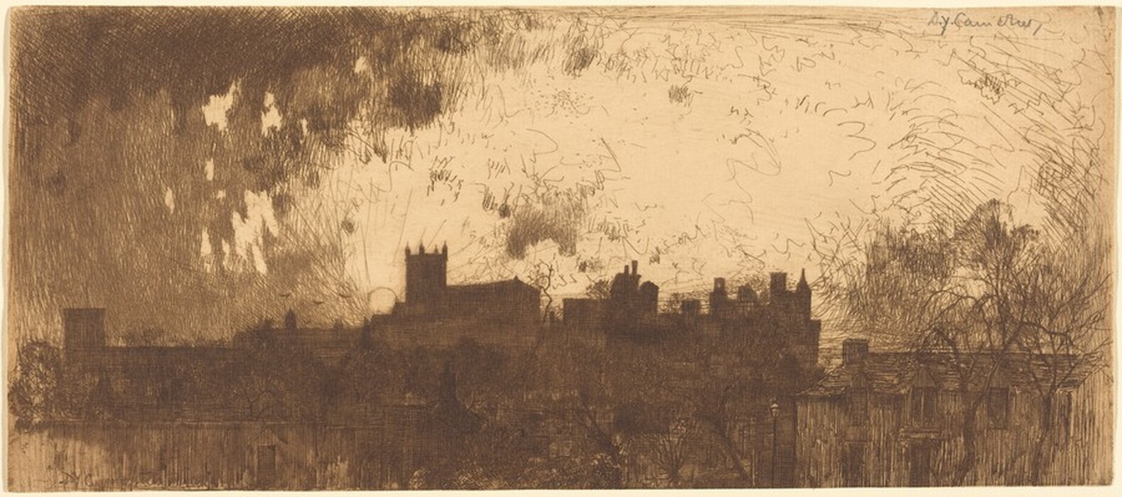 The image shows a silhouetted cityscape from an elevated perspective. The horizon line is above the buildings, with a sun partially obscured behind a structure on the right. The rooftops are outlined by ambient light. The style features intricate cross-hatching and linear strokes, creating a textured sky and depth. The color palette is sepia, giving an antiquarian feel. The sky has swirling patterns contrasting with the solid buildings. Trees, a house, and the cityscape are depicted with swirling lines, against the textured sky.