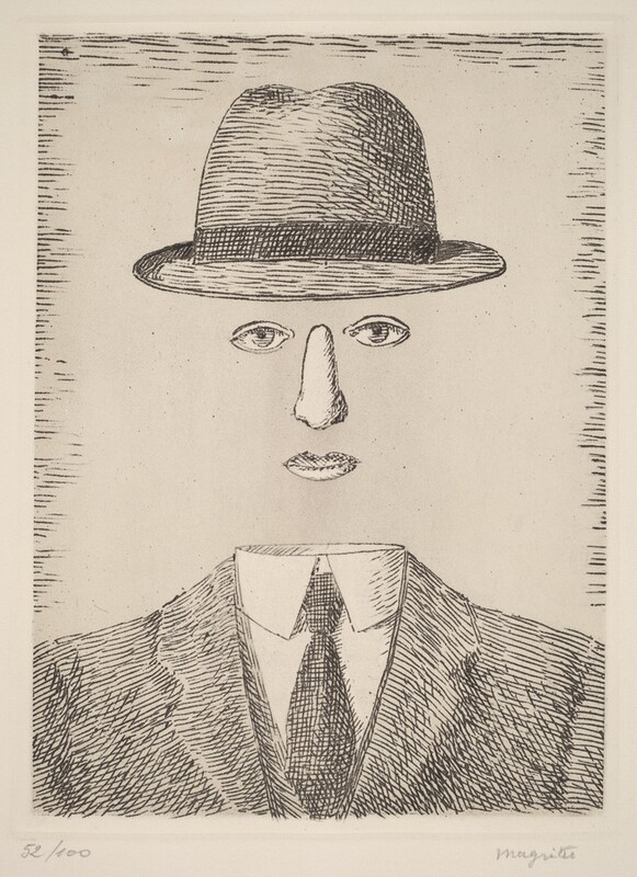 Created with black lines and hatching on cream-white paper, a person’s disembodied but properly placed eyes, nose, and lips float between a fedora and a three-piece suit. Short horizontal lines create a border around the perimeter of the composition. The artist numbered the print 52/100 in the lower left margin and signed it in graphite in the right corner, “Magritte.”