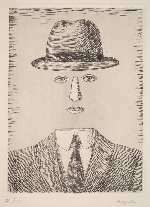 Created with black lines and hatching on cream-white paper, a person’s disembodied but properly placed eyes, nose, and lips float between a fedora and a three-piece suit. Short horizontal lines create a border around the perimeter of the composition. The artist numbered the print 52/100 in the lower left margin and signed it in graphite in the right corner, “Magritte.”
