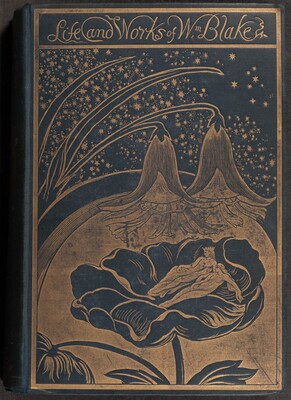 This is a drawing of a decorative book cover. It features intricate line work depicting a scene with two figures reclining within a large stylized flower, surrounded by foliage and stars. The flower has large petals that cradle the figures, who appear crowned and are lying with tranquility. Above them are two hanging bell-shaped flowers against a star-filled night sky. The title "Life and Works of Wm Blake" is inscribed at the top in flowing, ornate letters. The design uses a limited color palette.