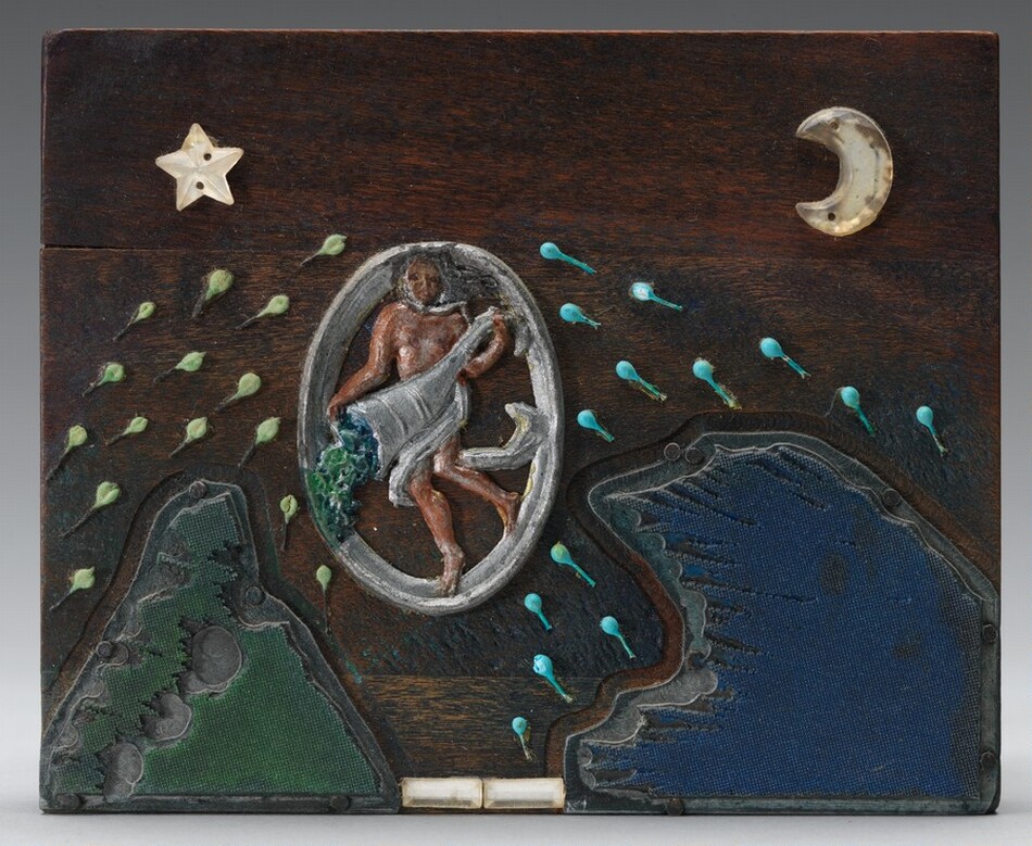 A scene with a person holding a cornucopia is set against a night sky on this wood block. The person has peachy-brown skin and long silvery hair. A piece of drapery, also silver, flows around the hips as the person holds a cornucopia angled down and to the left. Blue and green material pours or hangs out of the horn. The person is contained within a silver oval frame. Fifteen green teardrop- or sperm-shaped orbs approach the oval to the left and fourteen approach from the right. Everything described so far is shown in low relief on the wood block. A translucent star is pinned or nailed to the panel near the top left corner and a translucent, crescent moon to the top right. To either side of the person are textured triangular shapes. The form to the left is green and points up, like a mountain, and the form to the right is blue and points in, like a cresting wave. Both have ragged edges and appear to be carved and affixed with nails, the heads of which are visible. Two translucent rectangles, possibly the same material as the star and moon, lie side-by-side between the green and blue forms on the bottom edge of the block.