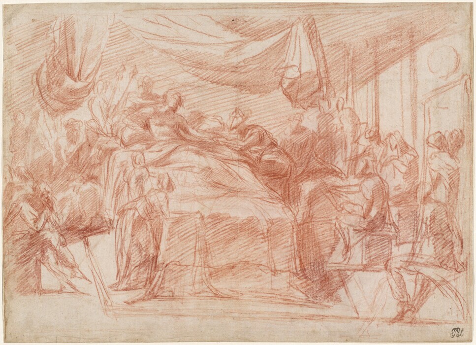 Drawn with red chalk on cream-white paper, a person lies back in a bed surrounded by nearly twenty people in this horizontal scene. The bed is just to left of center, and the person leans or is propped against the headboard, which is across from us. Curtains are pulled up over the bed. Others kneel, sit, or stand around the bed. They wear long gowns or garments.