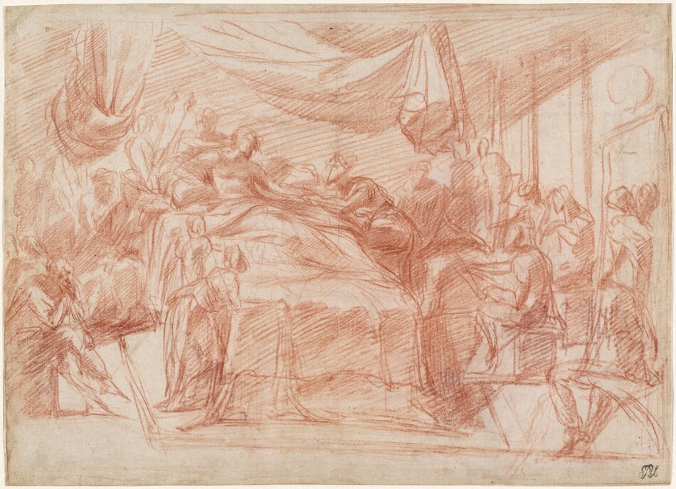 Drawn with red chalk on cream-white paper, a person lies back in a bed surrounded by nearly twenty people in this horizontal scene. The bed is just to left of center, and the person leans or is propped against the headboard, which is across from us. Curtains are pulled up over the bed. Others kneel, sit, or stand around the bed. They wear long gowns or garments.