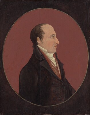 The image shows the upper half of a man's body in profile from the waist up. He has a prominent nose and slightly receding hairline, and his dark hair is combed back. He wears formal attire, including a dark coat, reddish-brown waistcoat, and white high-collared shirt. The background is a plain, muted reddish-brown color with an oval frame around the man, giving the image a classical portrait appearance with a simple, dark-colored border.