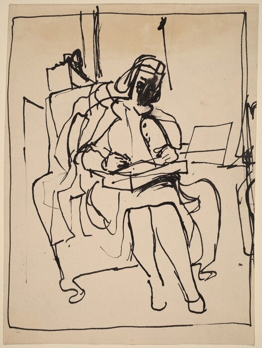 The image shows a sketch of a person from the knees upwards. The person is seated, facing slightly to the left, with arms resting on a table surface. The person's facial features and hair are indicated with bold lines. The person is wearing a long-sleeved garment outlined with expressive strokes. Surrounding the person are a backrest, a chair, and some rectangular shapes suggestive of furniture or a window. The drawing is minimalist with bold contours, and the background is plain, emphasizing the central figure.