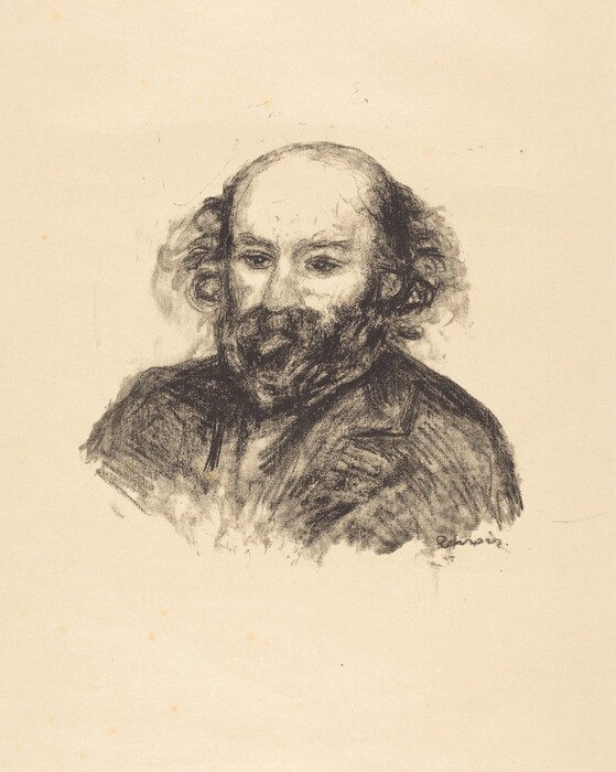 The image depicts a frontal drawing of a person with a slightly left inclination. The person has facial hair, a calm expression, visible eyes, and a high forehead. The hair is curly and sparse on top. They wear a dark, textured jacket that merges into a plain, light-colored background. There is no visible jewelry or objects held.