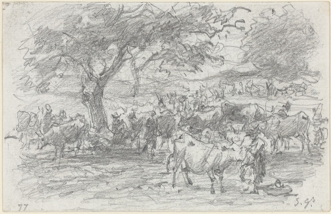 The pencil sketch depicts a scene with a horizon in the distance, trees, figures, and livestock below. A tree to the left provides shade to the gathered individuals. The drawing uses loose strokes and bold lines to outline elements, and a monochromatic palette conveys texture and form.