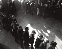 Line of men inside a division office of the State Employment Service office at San Francisco, California, waiting to register for unemployment benefits, Dorothea Lange, January 1938, printed c. 1960s