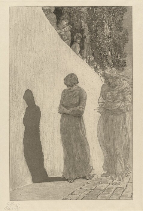 The image shows a detailed drawing of two women standing against a wall. Both women are upright, facing downward, with their arms crossed in front of them. The woman on the left has a shadow on the wall beside her and neatly combed hair pulled back. The woman on the right appears to have her hair covered, possibly with a headscarf. They wear long gowns with long sleeves and stand on a paved stone path. In the background is a curved wall with a darker area suggesting foliage or trees above it. Several additional figures appear to be watching from above the curved wall with detailed facial features. The setting is monochromatic.