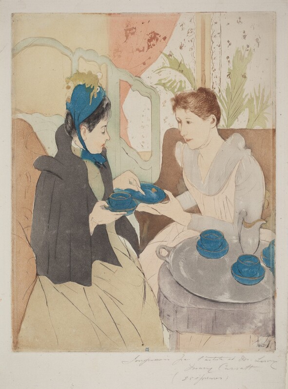Two women with pale, peachy skin sit next to a table holding a silver tray and royal-blue tea cups and saucers in this colored, vertical etching and aquatint. Faint black lines outline the women, their features, clothing, and objects in the room, and each area is filled in a flat color. The women face each other and take up most of the composition. Both have oval faces, rounded noses, pale pink lips, and their hair is pulled up and back. The woman to our right has brown hair and leans forward as she holds up a blue plate with her right hand, closer to us. The other hand rests on the arm of her tawny-brown chair. Her dress has a petal pink bodice and long skirt with fog-white long sleeves and white fabric covering her chest and tucked into the low, rounded neckline. The other woman wears a blue cap over black hair. The hat has a celery-green feather and is tied in a bow under the chin. She wears a hip-length, charcoal-gray cloak over a pale, sage-green dress. She looks down at the plate and holds what might be a cookie or biscuit with one hand and a cup and a dish-like saucer with the other. Her lips are downturned and her head pulled slightly back to create a double chin. She sits upright in another brown chair. In the lower right corner of the sheet, the round gray table is barely bigger than the round gray tray it holds. On it are two more cups and saucers and a silver jug, presumably holding milk. What might be another cup and saucer set or the teapot is cut off by the right edge of the paper. The rims of the cups and saucers are painted gold. A very pale, mint-green screen with openings across the top stands to the left behind the second woman, and a window is behind the first. Spiky fronds of a houseplant angle up toward the sunlight and a coral-pink curtain is pulled to the left side. Squiggles and flowers printed in rust red suggest a pattern on white curtains covering the window and the pink curtain to the left. The wall behind the screen is straw yellow. The artist signed and inscribed the sheet under the lower right corner, “Imprimée par l'artiste et M. Leroy, Mary Cassatt (25 épreuves).” A tiny dark blue stamp with a short, wide C overlaid on a capital letter M is inked along the bottom edge of the image.