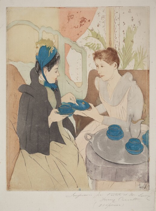 Two women with pale, peachy skin sit next to a table holding a silver tray and royal-blue tea cups and saucers in this colored, vertical etching and aquatint. Faint black lines outline the women, their features, clothing, and objects in the room, and each area is filled in a flat color. The women face each other and take up most of the composition. Both have oval faces, rounded noses, pale pink lips, and their hair is pulled up and back. The woman to our right has brown hair and leans forward as she holds up a blue plate with her right hand, closer to us. The other hand rests on the arm of her tawny-brown chair. Her dress has a petal pink bodice and long skirt with fog-white long sleeves and white fabric covering her chest and tucked into the low, rounded neckline. The other woman wears a blue cap over black hair. The hat has a celery-green feather and is tied in a bow under the chin. She wears a hip-length, charcoal-gray cloak over a pale, sage-green dress. She looks down at the plate and holds what might be a cookie or biscuit with one hand and a cup and a dish-like saucer with the other. Her lips are downturned and her head pulled slightly back to create a double chin. She sits upright in another brown chair. In the lower right corner of the sheet, the round gray table is barely bigger than the round gray tray it holds. On it are two more cups and saucers and a silver jug, presumably holding milk. What might be another cup and saucer set or the teapot is cut off by the right edge of the paper. The rims of the cups and saucers are painted gold. A very pale, mint-green screen with openings across the top stands to the left behind the second woman, and a window is behind the first. Spiky fronds of a houseplant angle up toward the sunlight and a coral-pink curtain is pulled to the left side. Squiggles and flowers printed in rust red suggest a pattern on white curtains covering the window and the pink curtain to the left. The wall behind the screen is straw yellow. The artist signed and inscribed the sheet under the lower right corner, “Imprimée par l'artiste et M. Leroy, Mary Cassatt (25 épreuves).” A tiny dark blue stamp with a short, wide C overlaid on a capital letter M is inked along the bottom edge of the image.