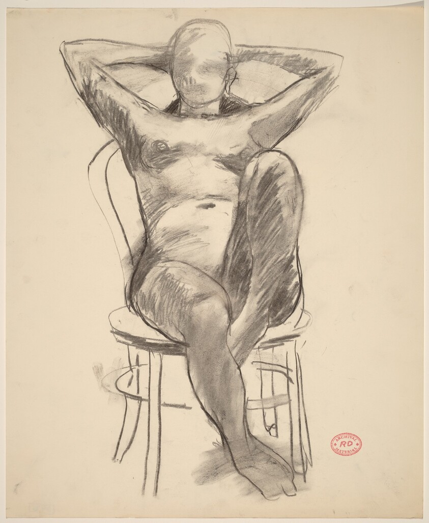 Untitled [female nude with raised arms leaning back in chair]
