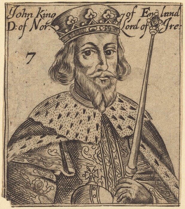 The image depicts a man seated and only showing the upper body. The man has facial features such as a long, pointed nose, a full beard, and a moustache. He has medium length, wavy hair styled with a part. The man wears a crown with floral designs, a robe with intricate patterns and a fur-like collar. He holds a scepter. The background shows plain space with text and the number "7" on the left.