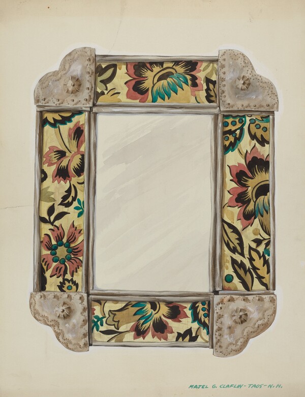 Mirror, Framed with Wall Paper Panels, Bordered in Tin