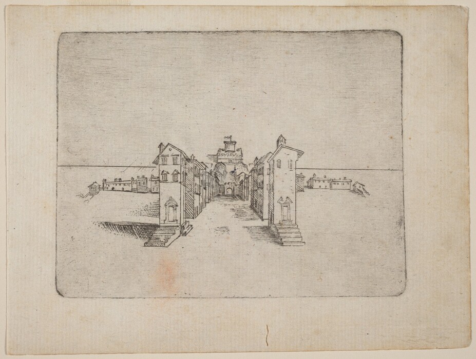 The image shows an architectural perspective with a central path leading through buildings. There is a faint horizon line, and the linework is precise. The composition is monochromatic, emphasizing the linear design and structure. The path is lined with tall buildings, some with arches and pitched roofs. More buildings appear in the distance, leading to a large central structure at the horizon. The scene emphasizes the symmetry and alignment of the architectural forms.