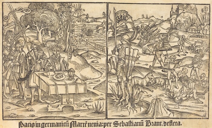 This is a drawing of an allegorical scene depicting a landscape with various activities and objects. The image is divided into two panels. On the left panel, there are figures gathered near a table with plates, a cup, and a kettle, surrounded by foliage and a detailed tree. The right panel features figures engaging in tasks, with animals present. In the background are structures resembling buildings and castles on a hilly landscape. The scene conveys a sense of busy activity, possibly symbolic or narrative, reflecting themes found in medieval imagery. The woodcut style suggests an era of medieval allegory with detailed linearity and symbolism in daily life settings.