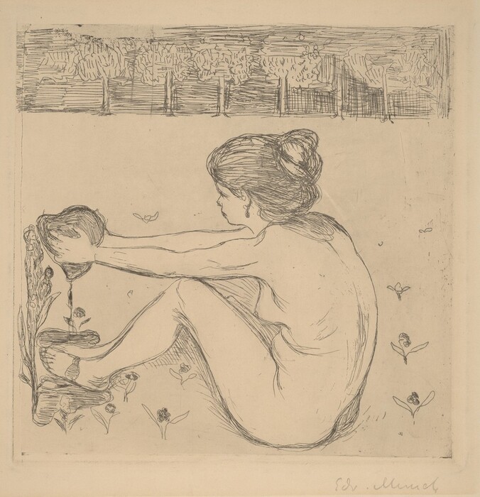 The image shows a side view of a seated person pouring liquid onto a plant. The person has one knee raised, leaning forward with arms extended. They have a bun hairstyle and a youthful face. The person is nude, surrounded by sketched flowers and insects. The background includes abstract trees or shrubbery.