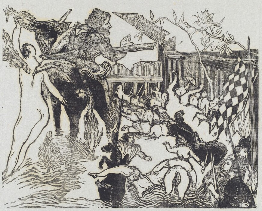 The image features swirling lines and intricate shapes weaving together in an abstract composition. On the left, there is a figure that resembles a horse rider with elaborate patterns. On the right, there are abstract shapes that suggest intertwined bodies. Above, there is a sharp angular line and a flower-like form extending outward. In the lower right, there is a checkered flag.