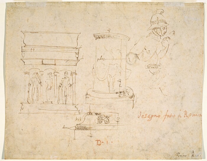 This is a drawing of architectural elements and a figure sketch. The drawing features three distinct sections. On the left side, there is a sketch of a classical architectural element resembling a frieze or wall relief with three human figures standing between columns. In the center, there is a cylindrical structure that appears to be a pedestal or part of a column, adorned with decorative elements and labeled with numerical annotations. To the right, there is a loosely sketched figure wearing a helmet, possibly of a classical warrior or soldier, rendered in profile and holding a small object. The drawing is executed with fine, precise lines typical of a study or preliminary work, likely for a larger architectural or artistic project.