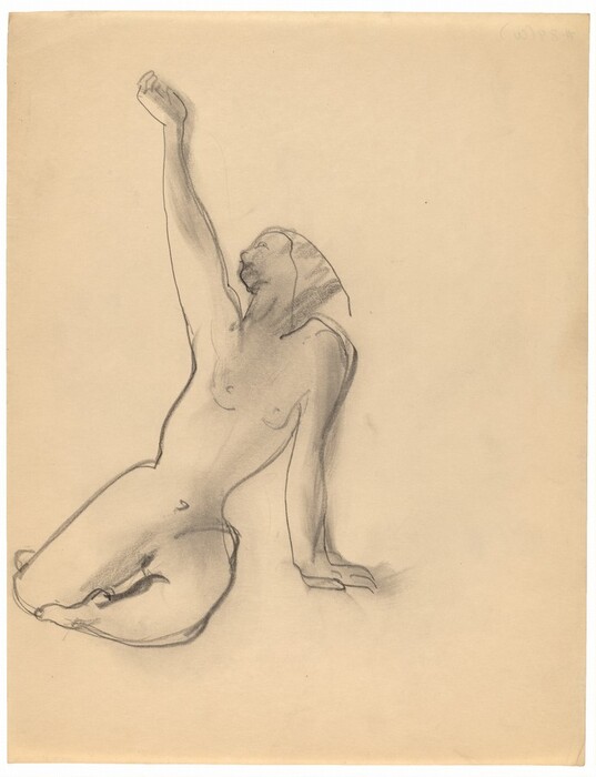 The image shows a sketch of a person viewed nearly in full-body, but slightly cropped at the knees. The person is positioned kneeling on one knee while the other leg is bent and lying on the ground. Their torso is twisted slightly to the side, and one arm is raised, bent at the elbow with a fist near eye level, while the opposite arm is extended to support their weight on the floor. The facial features are minimally detailed, with a profile view showing a simple outline of the nose and chin. The hair appears short and is depicted with shading around the scalp. The person is nude. The sketch is done in charcoal or pencil, giving a minimalistic appearance with emphasis on shading and line work. There is no jewelry or objects in the scene. The background is plain and unadorned, focusing entirely on the figure's form and posture.