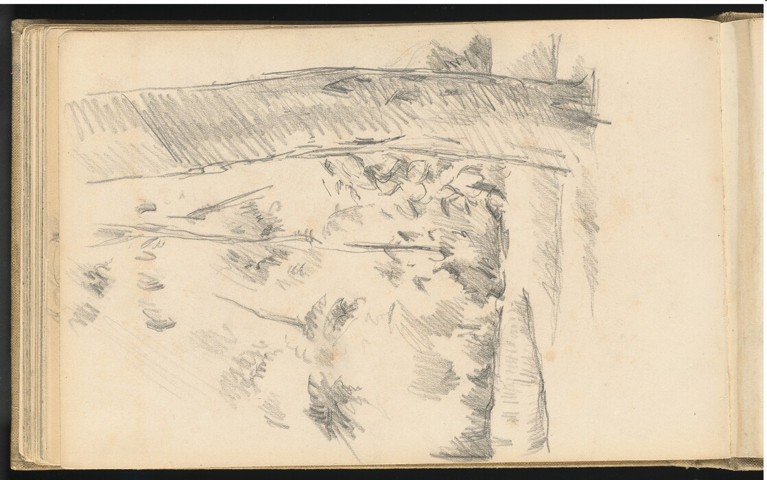 This image shows a sketch from a slightly elevated perspective without a horizon line. The upper section features dense, diagonal pencil strokes indicating a shaded area or foliage. Below, lighter, dispersed lines represent leaves or plants in angular and circular forms. The image is monochromatic, created with pencil on paper, emphasizing contrast between light and shadow. The composition conveys movement through varying weights and directions of pencil strokes.