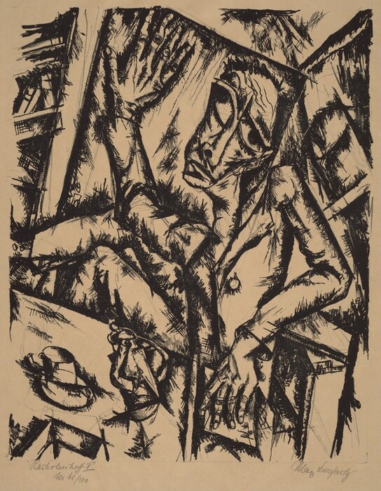 The image shows jagged, angular lines and rough, intersecting shapes forming an abstract composition. In the center is a human-like figure with elongated limbs and an expressive face. A hand gesture is seen in the foreground, resembling a tormented mime or a distorted marionette. A shape resembling a hat or bowl is on the lower left.