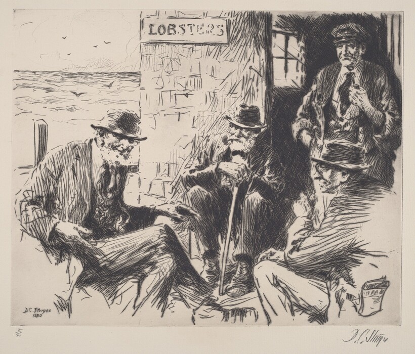 The image shows four figures in an outdoor setting. Three are seated and one is standing near a doorway. The seated individuals are depicted from the waist up, wearing hats that partially cover their faces. The standing figure is shown from head to knees, wearing a cap and casual clothing. All figures wear dark clothing, with two wearing hats. One person holds a pipe. The setting is beside a stone building with a "LOBSTERS" sign, suggesting a maritime context. In the background, there is an impressionistic depiction of water and distant land with small birds in flight.
