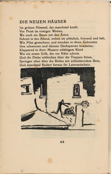 This is a black and white drawing featuring abstract figures surrounding geometric structures. The drawing is on a page with German text titled "DIE NEUEN HÄUSER." The abstract illustration on the page shows angular forms suggesting architectural elements and elongated figures interacting with each other. The drawing style uses heavy black lines and shapes to create contrast. The figures are in dynamic poses, implying movement or action in a simplified and distorted environment.