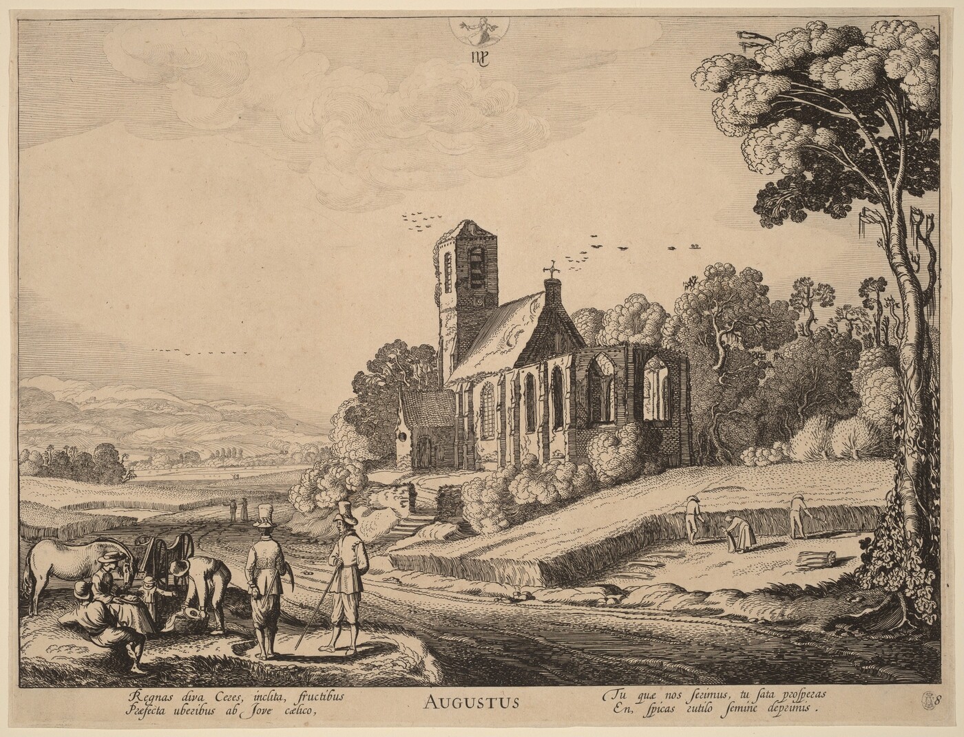 The image is a black and white print depicting a pastoral scene from an elevated viewpoint. The horizon divides the land and sky. In the center, there are buildings, including a church with Gothic windows and a tower. Several figures are engaged in various activities. The landscape has fields and trees. The sky is filled with swirling clouds and the overall color palette is monochromatic. The fine linework adds detail and texture to the scene.