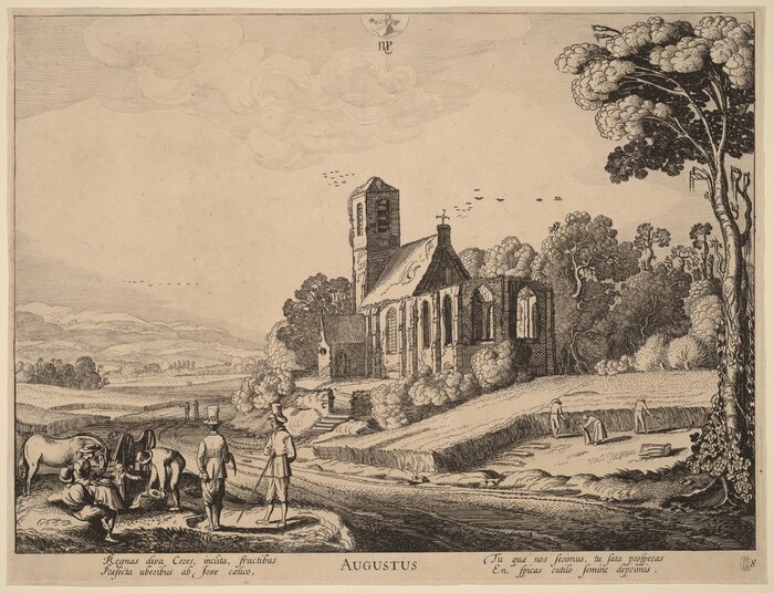 The image is a black and white print depicting a pastoral scene from an elevated viewpoint. The horizon divides the land and sky. In the center, there are buildings, including a church with Gothic windows and a tower. Several figures are engaged in various activities. The landscape has fields and trees. The sky is filled with swirling clouds and the overall color palette is monochromatic. The fine linework adds detail and texture to the scene.
