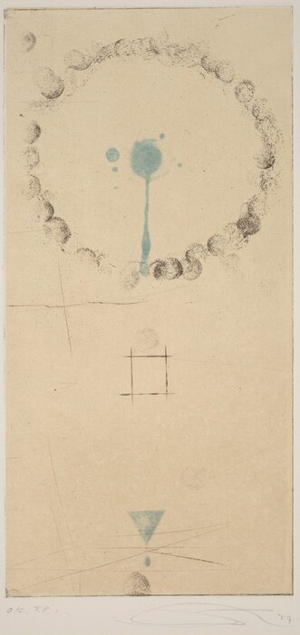 The image shows an abstract composition with a central blue droplet-like shape extending downward from a circular formation of smaller, textured circles at the top. Below this, intersecting lines form an abstract representation of a square, with a small blue triangle at the bottom hinting at an upward arrow.