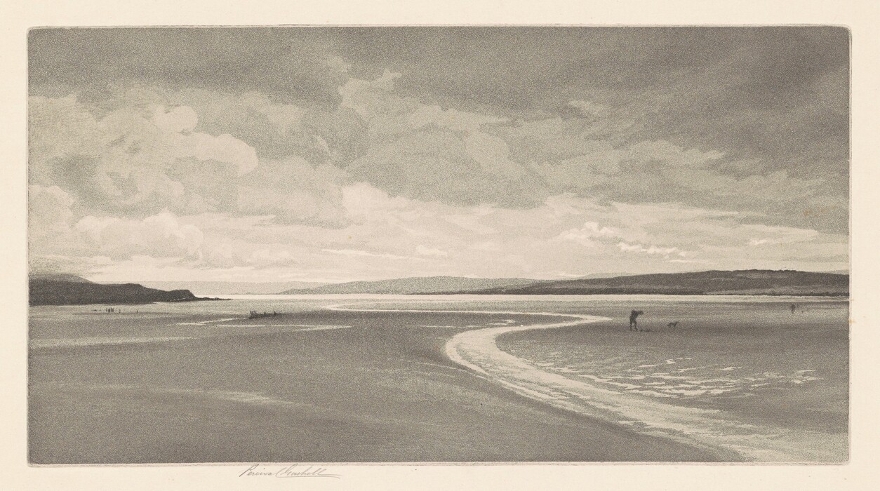 The image displays a monochromatic coastal scene with a sandy beach stretching into the distance. The horizon is low with the calm sea meeting the sky. There is a faint outline of land on the horizon. The sky has smooth gradations and transitions between shades of gray, creating a realistic cloud formation. The color palette is grayscale, enhancing the serene mood. The sand close to the viewer has ripples and curves, leading the eye to smaller figures in the distance for scale. A person and a dog are walking on the beach.