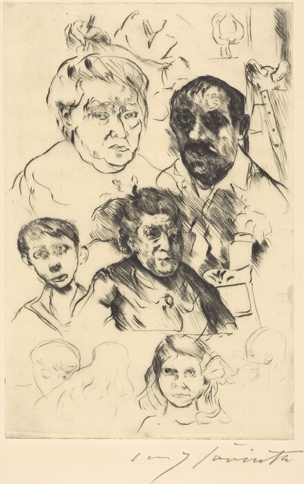 The image is an etching featuring a series of portrait sketches showcasing the faces and upper bodies of various subjects. The central figures include an older woman with short hair, a young boy with tousled hair, a shaded man with a mustache, and an older woman with tied-up hair. Detailed facial features are emphasized through shading and line work. In the lower part, there is a girl with long hair and large eyes. The clothing is outlined simply, indicating basic garments such as shirts and blouses. The setting is abstract with no clear background elements, directing focus to the facial expressions of the individuals.