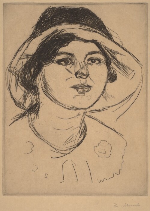 The image shows a portrait of a woman's face and partial upper body, with her head facing forward. Her facial features are drawn with simple, bold lines, including her eyes, nose, and lips. She has dark, wavy hair, partially covered by a wide-brimmed hat. Minimal lines suggest she is wearing a garment with a collar and possible decorative elements like flowers. The background is plain.