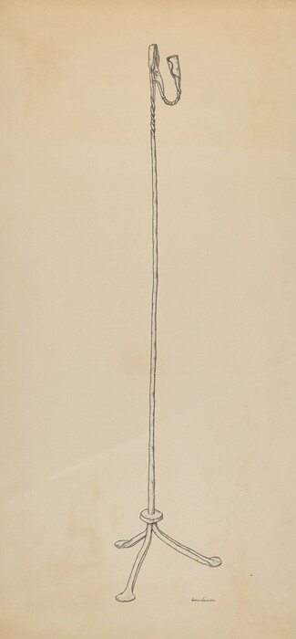 This is a drawing of a tall, slender candlestick. The drawing features a long, vertical candlestick with a modest, simple design. It stands on a tripod base with three curved legs, supporting a single vertical column that leads upwards to hold a small candle cup at the top. The details are minimal, with clean, precise lines that outline the contours of the candlestick. The background is plain.
