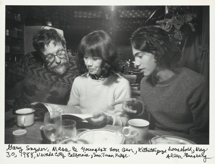 Gary Snyder, Masa and youngest son Gen, Kitkitdizze household, May 30, 1988, Nevada City California, San Juan Ridge.