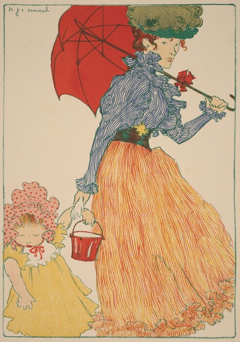 The image shows a woman and a child walking together. The woman is in profile, holding a red umbrella and the child's hand. She wears a green hat, a blue and white striped blouse, and an orange skirt with a green belt. The child wears a yellow dress and a pink bonnet with red polka dots, and holds a red bucket.