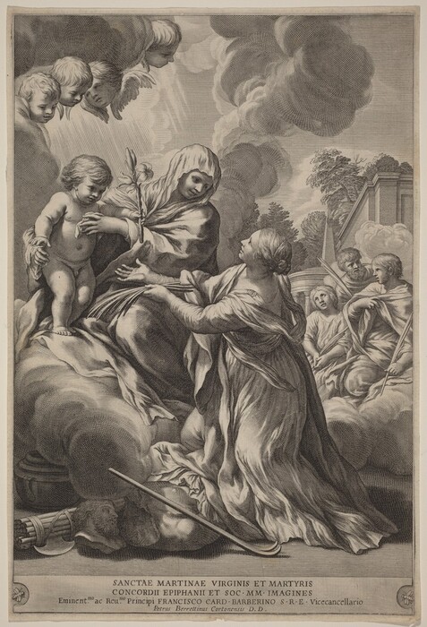 The image shows several figures. Two main figures are in the center: a young child standing on a cloud holding a branch, and an adult seated next to the child. Another figure is kneeling in front of them stretching out arms. In the background, other draped figures are sitting against architectural elements and trees. Above the central figures, cherubic faces emerge from the clouds, forming a halo-like formation. The scene is set in a classical, ethereal environment depicted in detailed engraving style.
