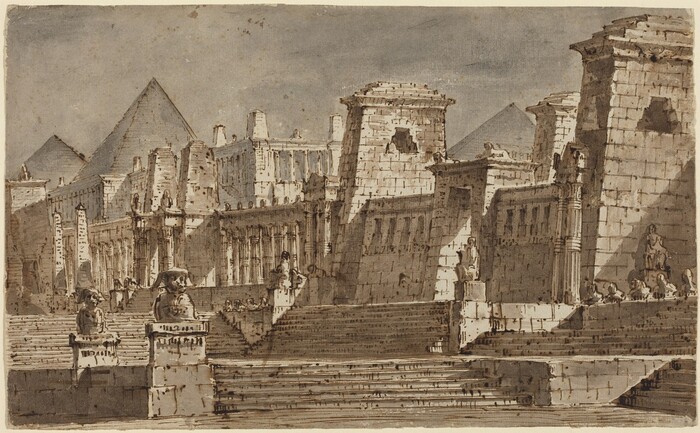 The image shows an ancient architectural site with elaborate stone structures. The foreground features grand steps flanked by statues of mythical creatures and ancient figures. Beyond the steps are stone walls, columns, and pyramids in the distance. The painting portrays intricate details of the stonework and light and shadow play with a monochromatic color scheme of browns, beiges, and greys, creating a historical atmosphere.