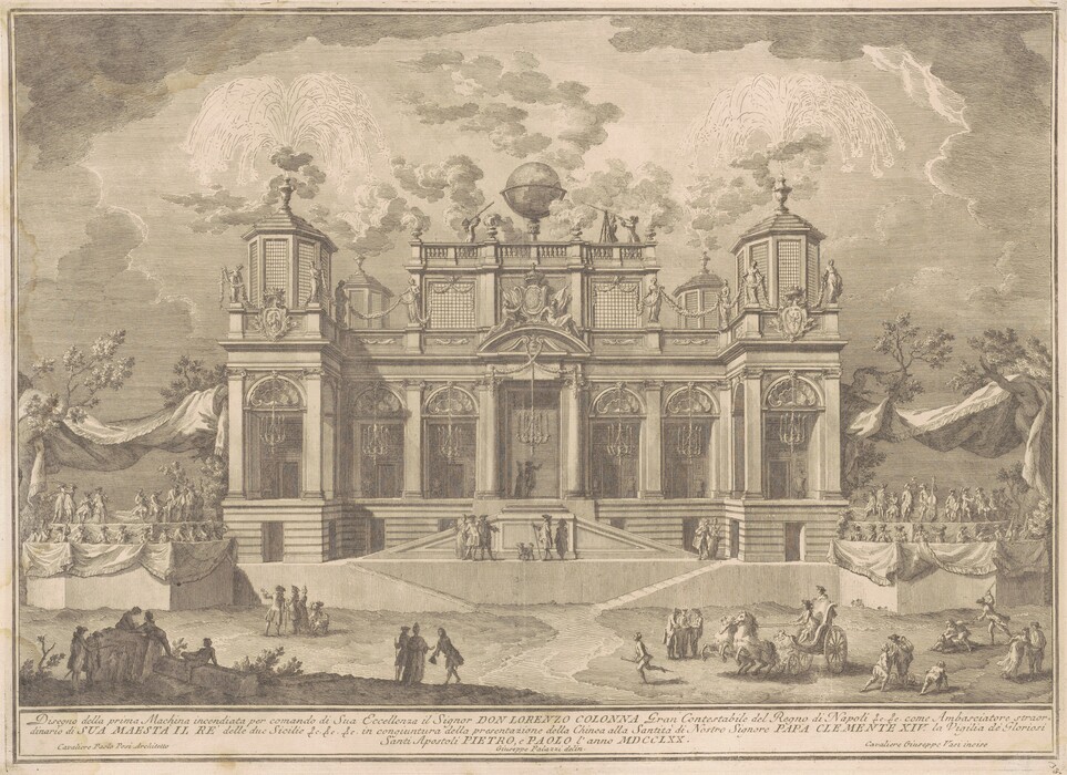 The image shows an architectural structure with statues and a decorated facade. People and carriages are in front of the building, while festivities seem to be happening in the background. Trees and sculptural details flank the building, and the sky above shows clouds and stylized fireworks or smoke.