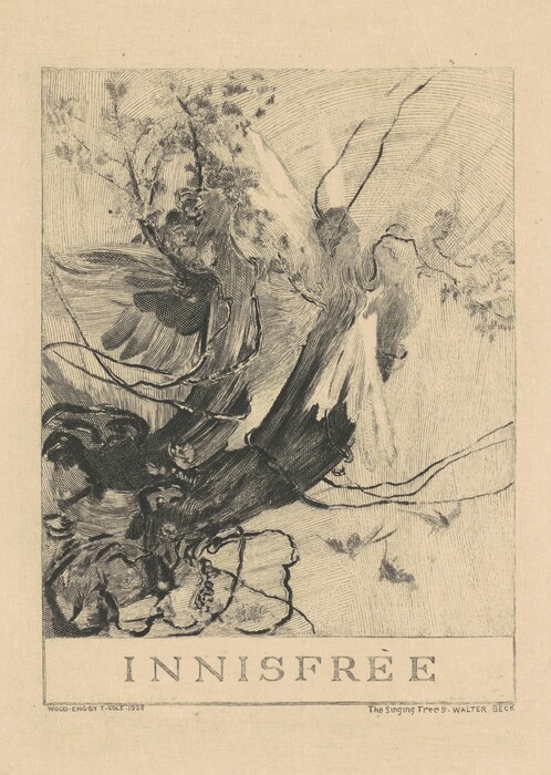 The image depicts a detailed close-up of a tree. The focus is on the branches and leaves, highlighted by intricate line work and shading. The horizon is not visible. The tree fills the frame, with fine brushstrokes and cross-hatching capturing its texture and form. The monochromatic color palette of black and grey creates contrast and emphasizes the lines. The composition includes a border and the word "INNISFREE" at the bottom.