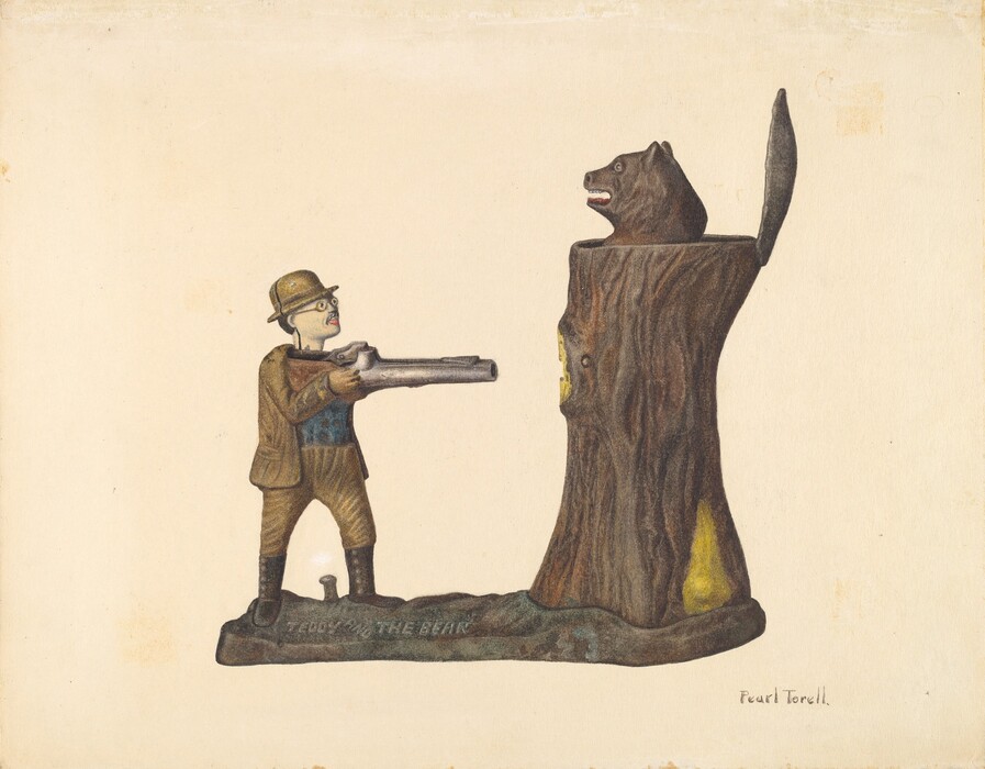 The image depicts a man figurine aiming a rifle at a bear's head peeking out from a tree stump. The color scheme includes browns dominating the tree stump and the man’s attire, with a hint of blue on the man’s vest and yellow accents on the stump. The man, wearing a brown hat and suit, is positioned to the left, holding the gun level with his shoulders. To the right, the bear's head emerges from an opening in the brown tree stump, detailed with wood-like textures.