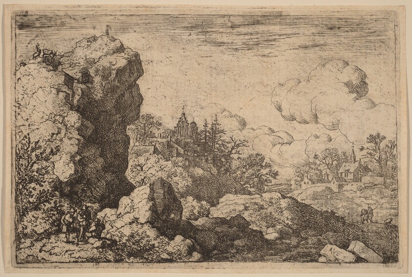 Three Travelers at the Foot of a High Rock